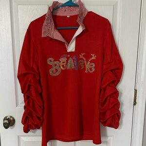 Red Women's Christmas Blouse with Ruffled Sleeves medium nwot
